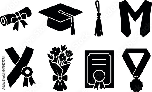 Graduation icons set – silhouette, education and academic celebration symbols
