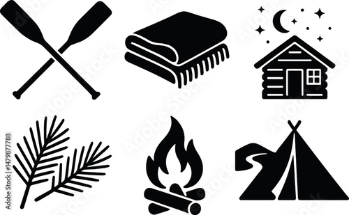 Summer camp silhouette icons set – minimalist, camping and outdoor adventure graphics