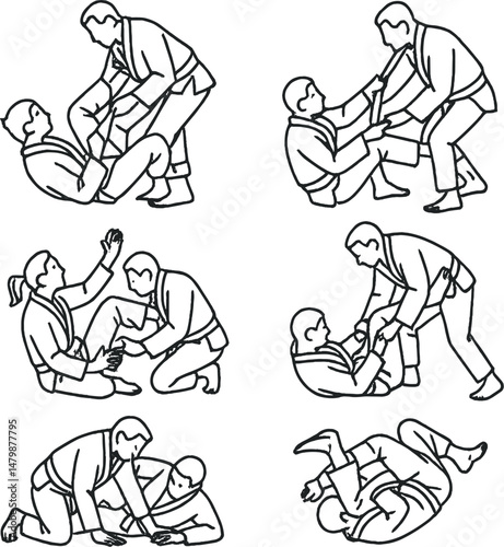 Jiu jitsu tactics icons set – outline, martial arts and self-defense symbols