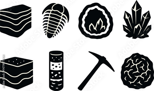 Geology silhouette icons set – simple, natural science and earth study symbols