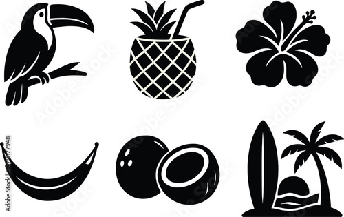 Tropical sunset silhouette icons set – simple, beach and summer themed visuals
