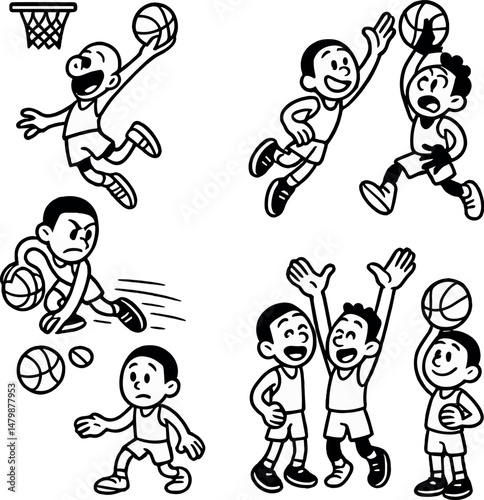 Cartoon basketball icons set – silhouette, playful and athletic character symbols