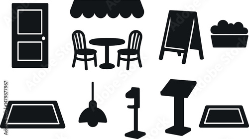 Restaurant exterior icons set – silhouette, outdoor dining and café symbols