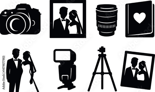 Wedding photography icons set – silhouette style, bride, groom, and camera symbols