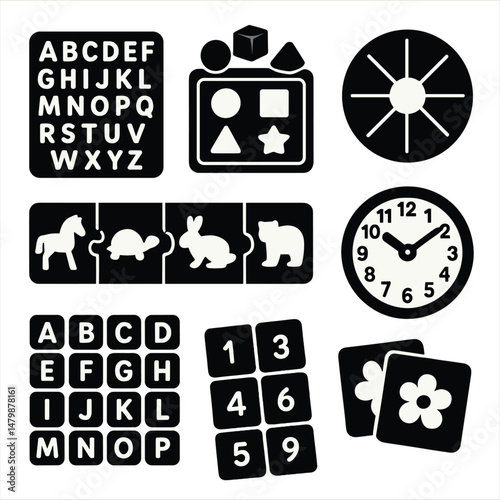 Educational puzzle icons set – silhouette, learning and brain-teaser symbols
