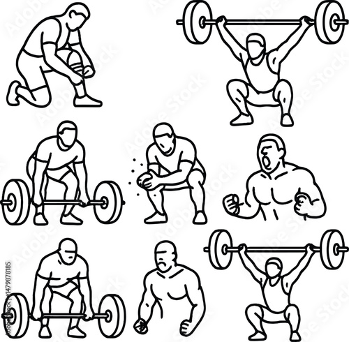 Intense weightlifting icons set – outline, gym and fitness training graphics