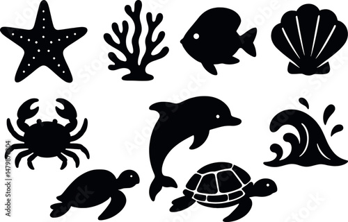 Ocean life icons set – silhouette, marine and aquatic doodle symbols for creativity