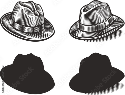 Fedora Hats Vintage Design Illustration Black and White Silhouettes