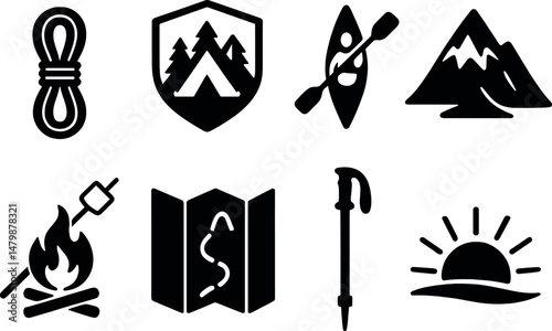 Adventure camp icons set – silhouette, outdoor and nature exploration symbols