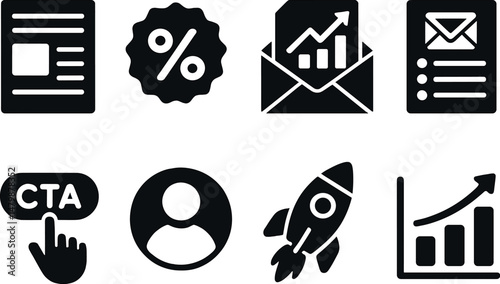 Email marketing icons set – silhouette, digital communication and newsletter symbols