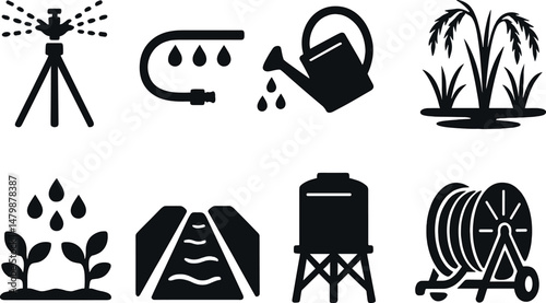 Agricultural watering icons set – silhouette, irrigation and farming symbols