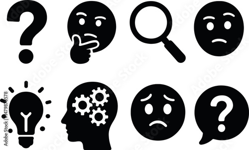 Curiosity icons set – silhouette, question and thinking symbols for inspiration