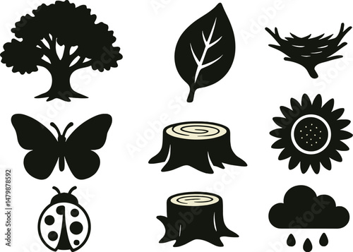Nature silhouette icons set – trees, leaves and wildlife in simple design
