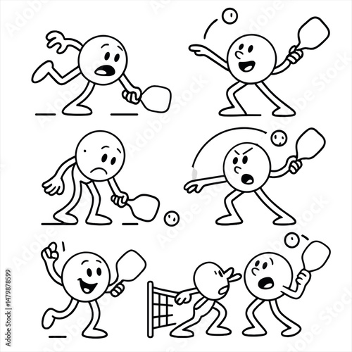 Pickleball cartoon line icons set – playful, sports and recreational graphics