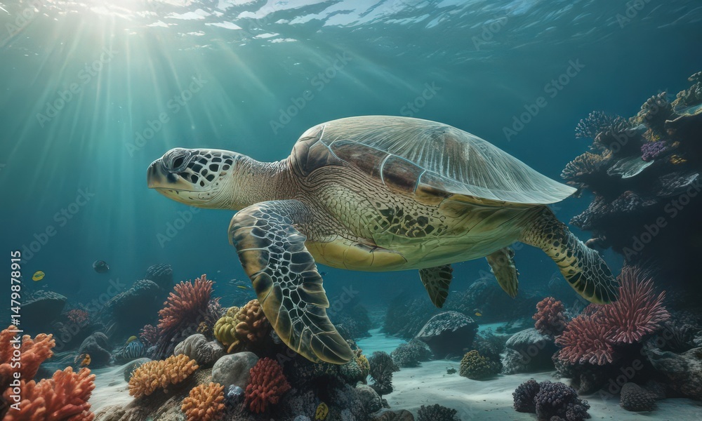 Obraz premium A majestic green sea turtle explores a dazzling coral reef in a breathtaking underwater scene , ocean, marine life