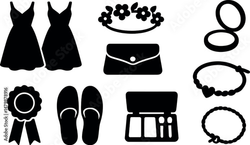 Bridesmaid essentials icons set – silhouette, wedding party and ceremony symbols