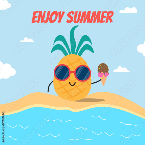 Summer Theme Card With Citrus Fruit Pineapple Holding Ice-cream