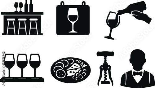 Wine bar icons set – silhouette, vineyard, wineglass, and sommelier symbols