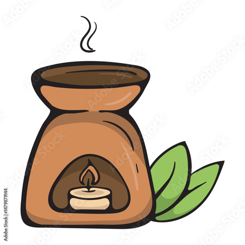 Aroma lamp. Aroma candle. Vector illustration of SPA procedures and oriental medicine. Color print isolated on white background for icon, sticker, design