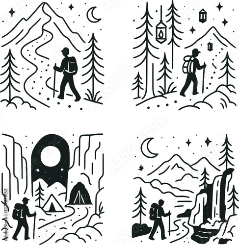 Magical hiking icons set – silhouette, adventure and outdoor exploration graphics