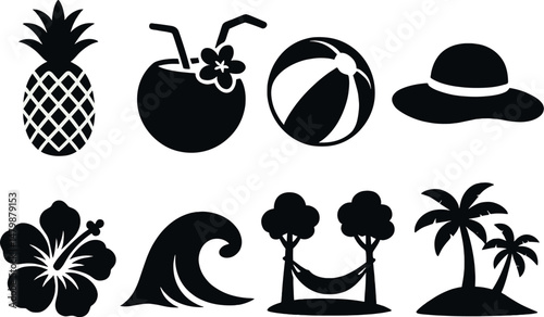 Tropical summer silhouette icons set – simple, beach and vacation symbols