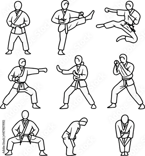 Karate silhouette icons set – simple martial arts and dojo action symbols