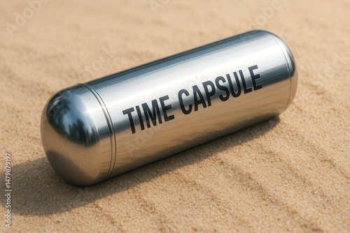 Metal time capsule laying on sand. Symbolic object used to preserve memories, cultural items, or messages for future generations. Concept of legacy and time travel