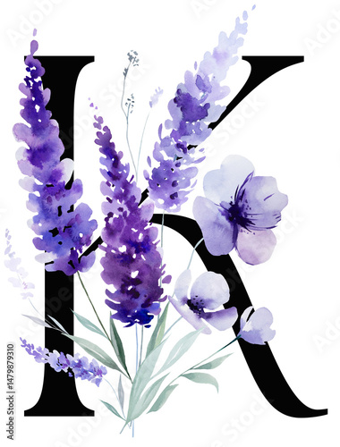 Black letter K with watercolor purple lavender flowers, summer floral wedding isolated monogram