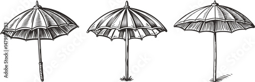 Hand drawn beach umbrellas summer design ink sketch black and white engraving monochrome vector illustration