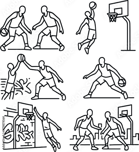 Streetball icons set – silhouette, basketball and urban sports symbols