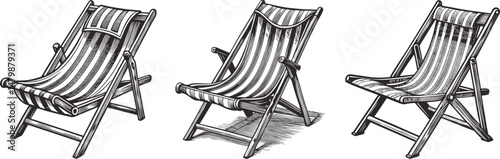 Striped beach chairs relaxation summer vacation ink sketch black and white engraving monochrome vector illustration