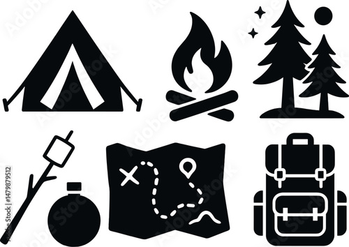 Summer camp silhouette icons set – camping, outdoor adventure, nature symbols