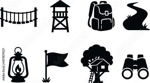 Adventure park silhouette icons set – simple camping, hiking, and outdoor adventure symbols
