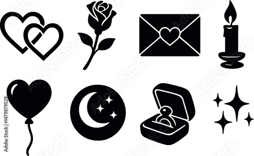 Romantic symbol icons set – silhouette, love and relationship themed graphics