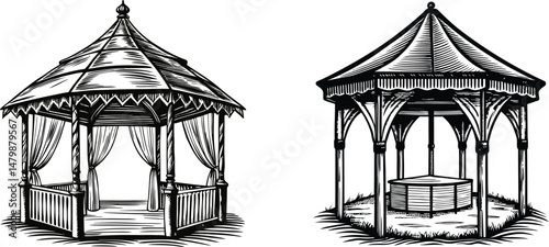 Elegant Gazebo Designs Architectural Drawings Ink Sketch Black and White Engraving Monochrome Vector Illustration