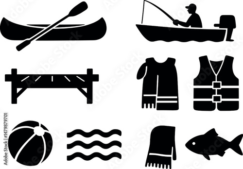 Waterfront camp icons set – silhouette, outdoor and adventure activities symbols