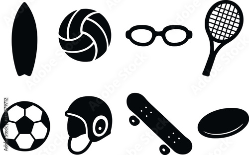 Summer sports silhouette icons set – simple, athletic and recreation symbols