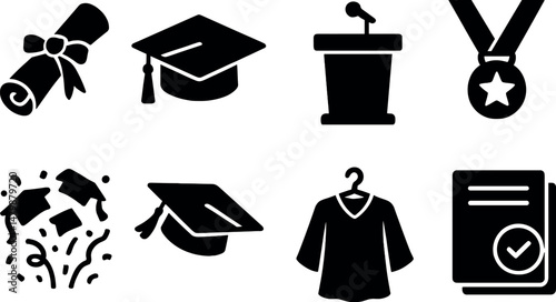 Graduation ceremony silhouette icons set – simple, academic and achievement symbols