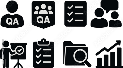 Quality control silhouette icons set – auditing, evaluation, and feedback symbols