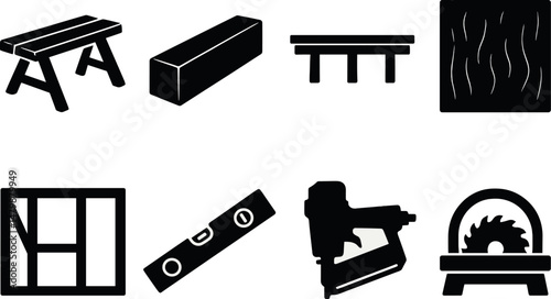 Wood construction silhouette icons set – simple, woodworking and carpentry symbols