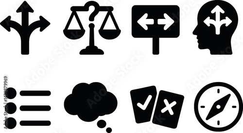 Decision-making icons set – silhouette, choice and selection symbols for guides