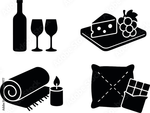 Romantic picnic silhouette icons set – simple, date night essentials