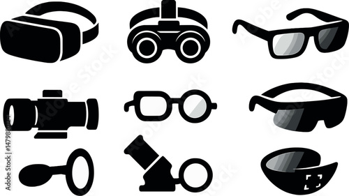 Vision device icons set – silhouette, optical tools and gadgets symbols collection