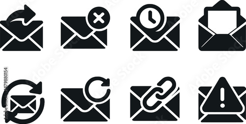 Email and messaging silhouette icons set – error, warning, and alert symbols