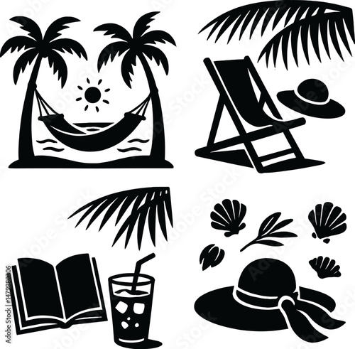 Summer beach silhouette icons set – relaxing, simple coastal and vacation symbols