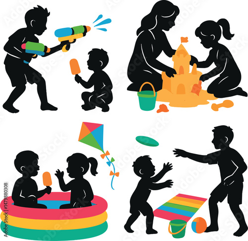Summer family fun silhouette icons set – playful, outdoor and leisure activity symbols