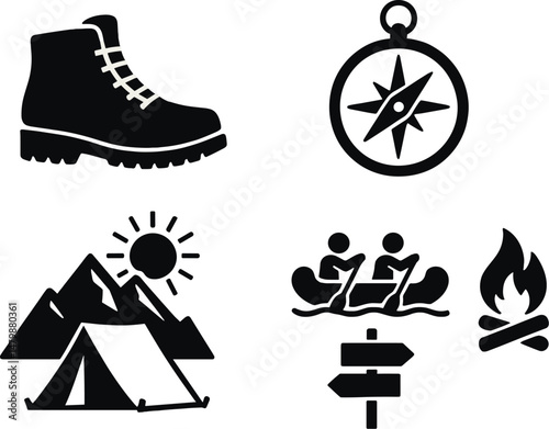 Adventure icons set – silhouette, expedition and outdoor exploration symbols