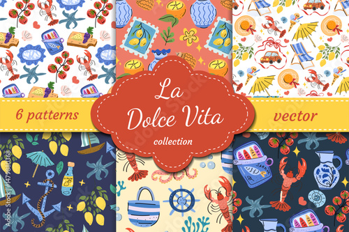 La Dolce Vita themed vector patterns set with sun, lemon, pasta, tomatoes and seafood. A celebration of Italian lifestyle and joyful summer.