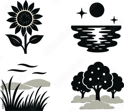 Nature and landscape icons set – silhouette, environment and scenery symbols