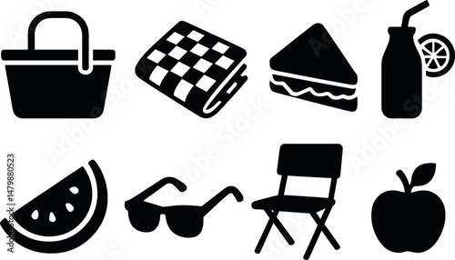 Summer picnic essentials icons set – silhouette, outdoor and leisure activity symbols